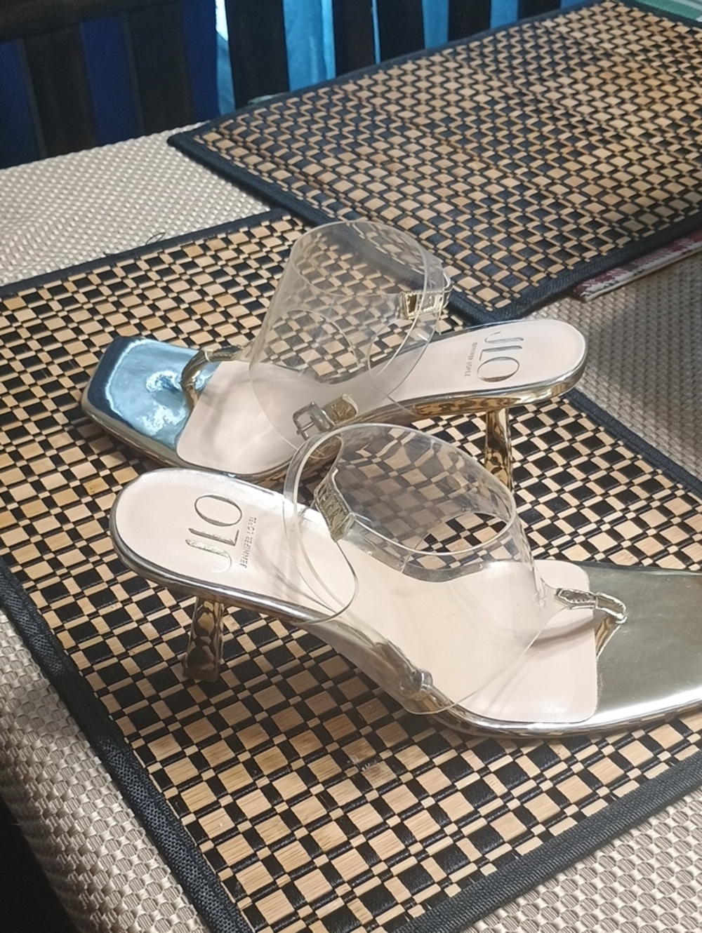 Jennifer Lopez Gold Metallic Mules with Clear Straps